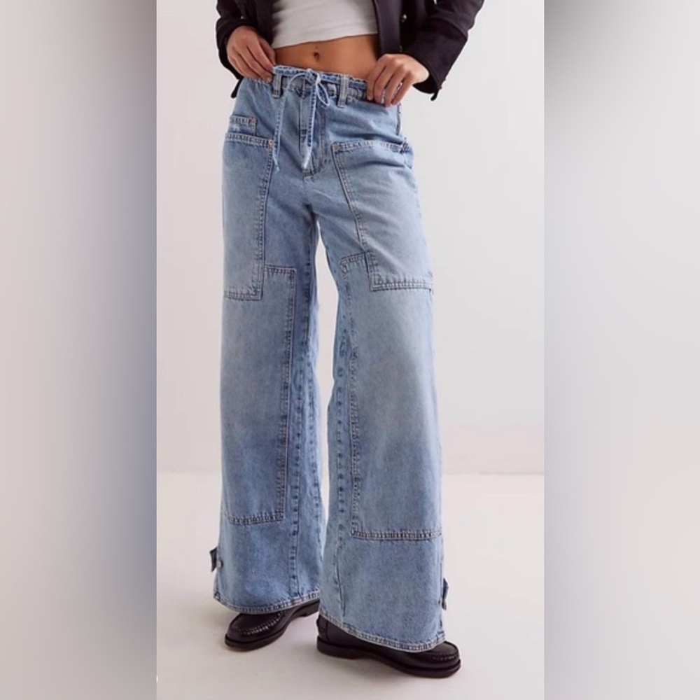 Free People Light Wash Wide Leg Patchwork Jeans - Picture 3 of 9